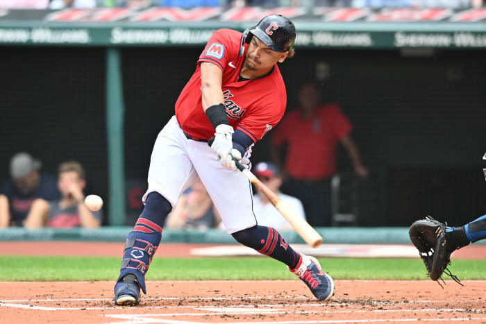 Jul 8, 2023; Cleveland, Ohio, USA; Cleveland Guardians designated hitter Josh Naylor (22) hits an RBI single during the first inning against the Kansas City Royals at Progressive Field. Mandatory Credit: Ken Blaze-USA TODAY Sports